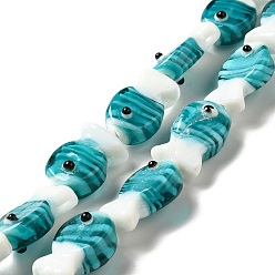 Teal Handmade Lampwork Beads Strands, Fish, Teal, 20~21x12~12.5x7.5~10.5mm, Hole: 1.2mm, about 20pcs/strand, 16.26 inch(41.3cm)