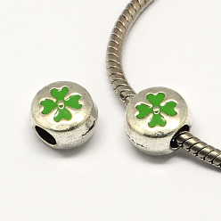 Lime Green Clover Alloy Enamel Flat Round Large Hole European Beads, Antique Silver, Lime Green, 12x8mm, Hole: 4.5mm