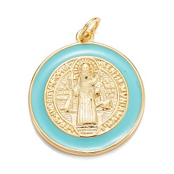 Бирюза Латунь эмаль подвески, реальный 18 k позолоченный, долговечный, подвески медали святого бенедикта, золотые, бирюзовые, 23.5x20.5x2 мм, отверстие : 3 мм, Перейти кольцо: 5x0.8 мм