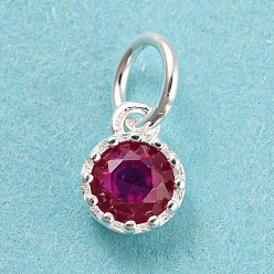 Medium Violet Red 925 Sterling Silver Charms, with Cubic Zirconia, Faceted Flat Round, Silver, Medium Violet Red, 7x5x2.5mm, Hole: 3mm