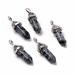 Snowflake Obsidian Natural Snowflake Obsidian Pendants, Faceted, with Platinum Tone Brass Findings, Lead free & Cadmium Free, Bullet, 27~30x9~10x7~8mm, Hole: 4x3mm