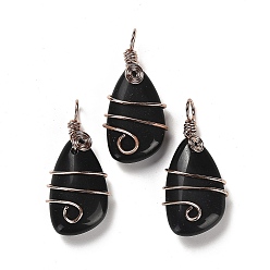 Obsidian Natural Obsidian Pendants, Rack Plating Brass Wire Wrapped Gems Teardrop Charms, Cadmium Free & Lead Free, Rose Gold, 37~40x19~19.5x9.5~10mm, Hole: 4.5~5mm