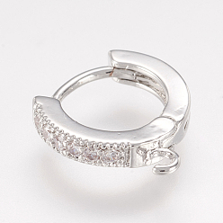 Real Platinum Plated Brass Huggie Hoop Earring Findings, Real Platinum Plated, with Cubic Zirconia, Lead Free & Cadmium Free, 15x2.5x13.5mm, Hole: 1.5mm, Pin: 0.9mm