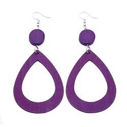 Purple Trendy Teardrop Wood Dangle Earrings, with Platinum Plated Iron Earring Hooks, Purple, 105x45mm, Pin: 0.8mm