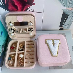 Letter V Letter Imitation Leather Jewelry Organizer Case with Mirror Inside, for Necklaces, Rings, Earrings and Pendants, Square, Pink, Letter V, 10x10x5.5cm