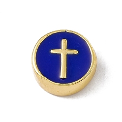 Blue Real 18K Gold Plated Brass Enamel Beads, Long-Lasting Plated, Cadmium Free & Lead Free, Flat Round with Cross, Blue, 11x4.5mm, Hole: 1.8mm