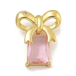 Pink Стойка металлическая латунная микропрофилированная кубическая циркония подвески, со стеклом, долговечный, без кадмия и без свинца, реальный 18 k позолоченный, прямоугольник и бант, розовые, 26x21x8 мм, отверстие : 2x5.5 мм