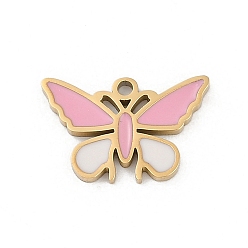 Pink 304 из нержавеющей стали шармы эмали, бабочки прелести, реальный 18 k позолоченный, ионное покрытие (ip), розовые, 10x15x1.3 мм, отверстие : 1.2 мм