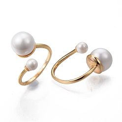 Real 18K Gold Plated Brass Cuff Finger Rings, Open Rings, with ABS Plastic Imitation Pearl, Nickel Free, Real 18K Gold Plated, Size 9, 2mm, Inner Diameter: 19mm