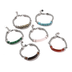 Mixed Stone Natural Gemstone Curved Tube Bead Bracelets, 304 Stainless Steel Chain Bracelets for Women, 7-1/2 inch(19cm)