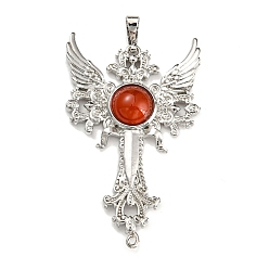 Carnelian Dyed & Heated Natural Carnelian Big Pendants, Cross with Wing Charms, with Platinum Plated Brass Findings, 52.5x32x7~7.5mm, Hole: 4x8mm & 2mm