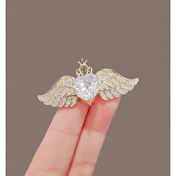 Golden Metal with Reisn Rhinestone Brooch for Women, Heart with Wings, Valentine's Day Collection, Golden, 50x23mm
