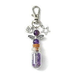 Amethyst Glass Wishing Bottle with Natural Amethyst inside Pendant Decorations, Star & Heart Tibetan Style Alloy and Swivel Lobster Claw Clasps Charm, 86mm, Pendants: 58x21.5x13mm