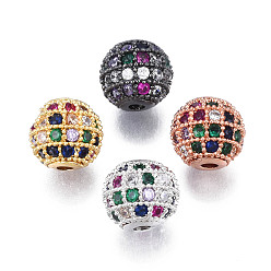Mixed Color Rack Plating Brass Cubic Zirconia Beads, Long-Lasting Plated, Round, Mixed Color, 8.5x7.5mm, Hole: 1.6mm