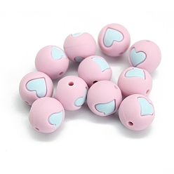 Misty Rose Round with Heart Pattern Food Grade Silicone Beads, Chewing Beads For Teethers, DIY Nursing Necklaces Making, Misty Rose, 15mm