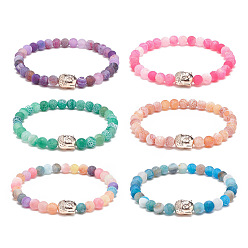 Mixed Color 6Pcs 6 Color Natural Weathered Agate(Dyed) Round & Alloy Buddha Head Beaded Stretch Bracelets Set, Gemstone Stackable Bracelets for Women, Mixed Color, Inner Diameter: 2~2-1/8 inch(5.1~5.4cm), 1Pc/color