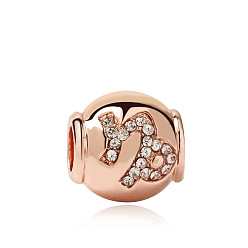 Capricorn Rose Gold Plated Alloy European Beads, with Crystal Rhinestone, Large Hole Beads, Rondelle with Twelve Constellations, Capricorn, 11x11mm