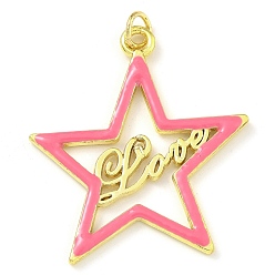 Светло-Вишневый Подвески из латуни с эмалью в стойку, с целью перехода в кольце, долговечный, без свинца и без кадмия, реальный 18 k позолоченный, звезда с узором слова «любовь», светло-вишневый, 37.5x34x2 мм, отверстие : 4 мм