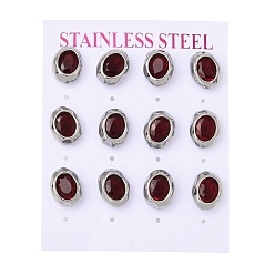 Dark Red 6 Pairs 304 Stainless Steel Pave Cubic Zirconia Stud Earrings, Oval, Stainless Steel Color, Dark Red, 12.5x10mm