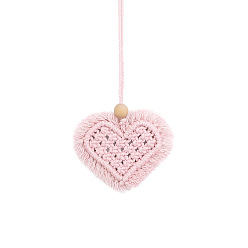 Misty Rose Heart Shaped Boho Handmade Macrame Cotton Hanging Ornament, for Car Rear View Mirror Decoration, Misty Rose, 80x95mm