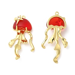 Red Resin Imitation Jelly Pendants, Jellyfish Charms with Rack Plating Real 18K Gold Plated Brass Findings, Cadmium Free & Lead Free, Long-Lasting Plated, Red, 45x21.5x9.5mm, Hole: 1.6mm