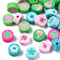 Mixed Color Handmade Polymer Clay Beads, Flat Round with Plant/Animal, Mixed Color, 9~10x4~5mm, Hole: 1.6mm