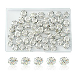 Crystal AB 50Pcs Polymer Clay Rhinestone European Large Hole Beads, with Silver Color Plated Brass Cores, Rondelle, Crystal AB, 11~12x7~7.5mm, Hole: 5mm