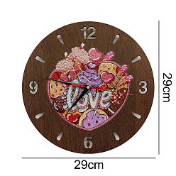 Food DIY Valentine's Day Theme Clock Diamond Painting Kits, Including Round Wood Plate, Resin Rhinestones, Diamond Sticky Pen, Tray Plate and Glue Clay, Cake Pattern, 290x290mm