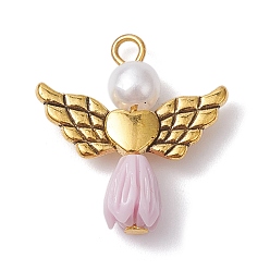 Thistle Resin Imitation Pearl Pendants, Rose Angel Charms with Antique Golden Plated Alloy Heart Wings, Thistle, 23.5~24x22x6.5mm, Hole: 1.8~2.2mm