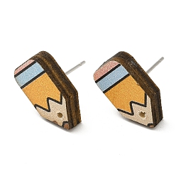 Wheat Printing Wood Stud Earrings Findings, with 316 Stainless Steel Pins, Pencil, Wheat, 15.5x8.5x4mm, Hole: 1mm, Pin: 0.6mm