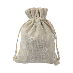 Flower Linenette Drawstring Bags, Rectangle, Flower Pattern, 18x13cm