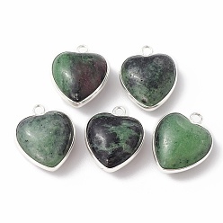 Ruby in Zoisite Natural Ruby in Zoisite Pendants, with Silver Color Plated Brass Findings, Heart Charms, 18~19x15~17x7~10mm, Hole: 2mm