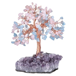 Aquamarine Natural Rose Quartz & Aquamarine Chips Tree of Life Decorations, Rough Raw Amethyst Base with Copper Wire Feng Shui Energy Stone Gift for Women Men Meditation, 89~101x114~152mm