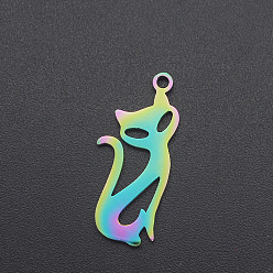 Rainbow Color Ion Plating(IP) 201 Stainless Steel Pendants, Cat Shape, Laser Cut, Rainbow Color, 22x9.5x1mm, Hole: 1.6mm