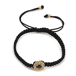 Negro Pulseras rectangulares trenzadas de cuentas con circonitas cúbicas y pavé de latón, pulseras de cuerda de nylon ajustable, larga duración plateado, chapado en rack, dorado, negro, diámetro interior: 2.05~3.15 pulgada (5.2~8 cm)