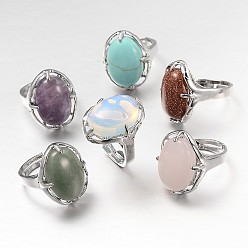 Mixed Stone Adjustable Oval Gemstone Wide Band Rings, with Platinum Tone Brass Findings, US Size 7 1/4(17.5mm)