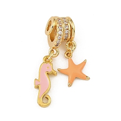 Pink Brass Micro Pave Clear Cubic Zirconia Pendents, with Enamel, Sea Horse with Starfish Charms, Rack Plating, Long-Lasting Plated, Cadmium Free & Lead Free, Real 18K Gold Plated, Pink, 29mm, Hole: 3mm