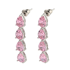 Hot Pink Rack Plating Platinum Tone Brass Cubic Zirconia Studs Earrings for Women, Teardrop, Hot Pink, 41x7mm