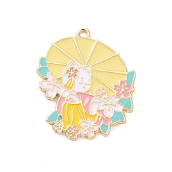 Светло-хаки Подвески из эмали и сплава, золотые, кошка с зонтиком, светлый хаки, 32.5x28x1.5 мм, отверстие : 2 мм