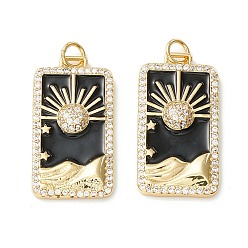 Черный Покрытие стойки латунь микропаве прозрачные подвески из кубического циркония, с эмалью, без кадмия, без никеля и без свинца, реальный 18 k позолоченный, прямоугольник с солнцем, чёрные, 27x14x3.5 мм, отверстие : 3.4 мм