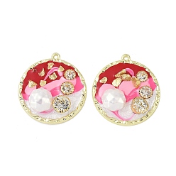 Red Rack Plating Alloy Enamel Pendants, with Resin, ABS Imitation Pearl Beads, Rhinestone and Glass Beads, Cadmium Free & Nickel Free & Lead Free, Flat Round, Red, 36x33.5x7mm, Hole: 1.8mm