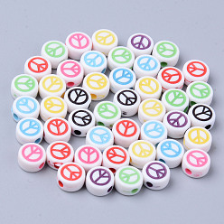 Mixed Color Opaque White Acrylic Beads, Flat Round with Mixed Color Peace Sign, 6.5x3.5mm, Hole: 1.6mm, about 3600pcs/500g