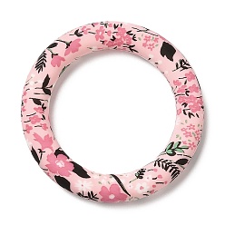 Pink Food Grade Eco-Friendly Silicone Pendants, Ring with Flower Pattern, Pink, 65x10mm, Hole: 4mm