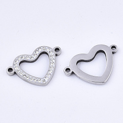 Crystal 304 Stainless Steel Links connectors, with Rhinestone, Heart, Stainless Steel Color, Crystal, 14x21x2mm, Hole: 1.5mm