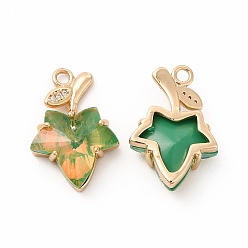 Olivine Brass with K9 Glass Charms, Golden Maple Leaf Charms, Olivine, 20.5x13.5x5.5mm, Hole: 1.8mm