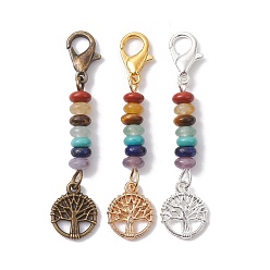 Mixed Color 3Pcs Tree of Life Alloy Pendant Decorations, Natural & Synthetic Mixed Gemstone Beads and Lobster Claw Clasps Charms, Mixed Color, 43mm, Tree: 12.5x10x1.5mm