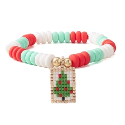 Christmas Tree Handmade Polymer Clay Bead Stretch Bracelets for Women, Seed Beads Loom Pattern Rectangle Pendant Bracelets, Christmas Tree, Inner Diameter: 2-1/8 inch(5.3cm)