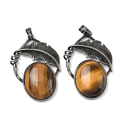 Тигровый глаз Природных тигровый глаз подвески, овальные подвески с латунным листом, античное серебро, 44x29.5x9 мм, отверстие : 8x5 мм