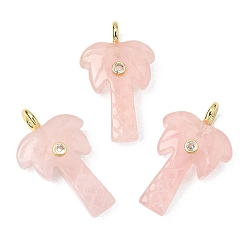 Rose Quartz Natural Rose Quartz Carved Pendants, Coconut Tree Charms with Brass Micro Pave Clear Cubic Zirconia Findings, Golden, Rack Plating, 35~36x21.5~22x0.5mm, Hole: 3.7mm