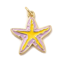 Фиолетовый Латунные эмалевые подвески с морскими животными, прелести морская звезда, без свинца и без кадмия, долговечный, стойки покрытие, реальный 18 k позолоченный, фиолетовые, 20x18.5x2 мм, отверстие : 3 мм